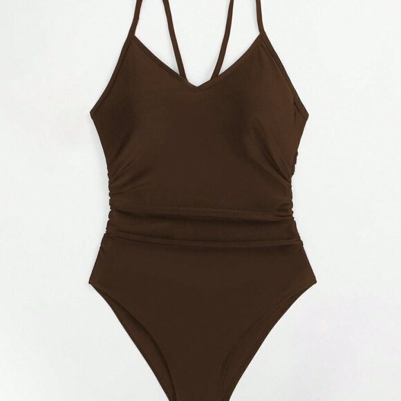 Coffee Brown Women's Summer Beach Cut Out Back One-Piece Swimsuit Bathing Suit - Picture 5 of 8